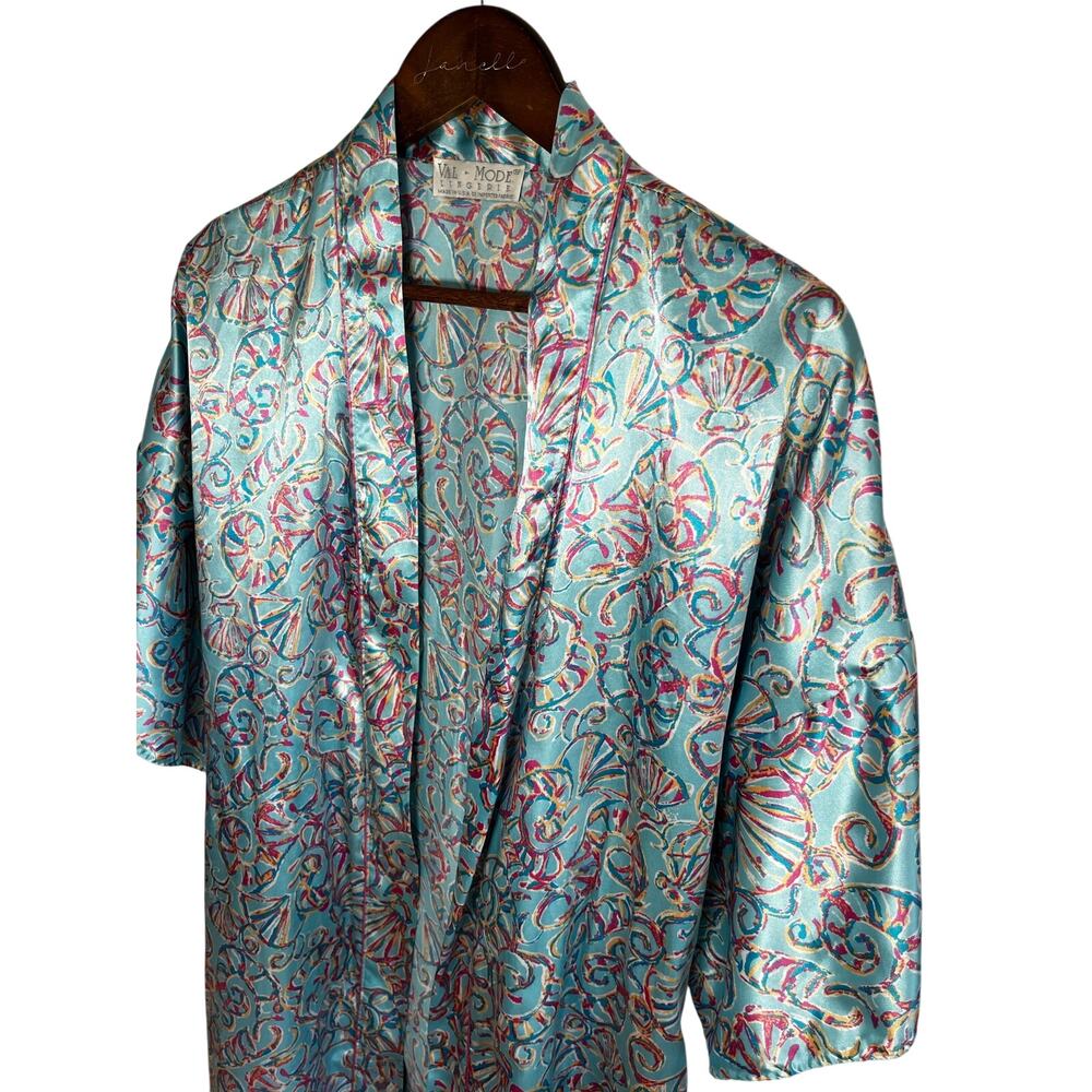 Vintage 90s Silky Satin Robe Kimono Seashell Coastal Mermaid Boudoir Lingerie